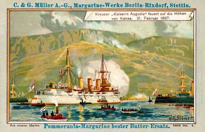 1897年2月21日、クレタ島のハニアの高原で発砲したドイツの巡洋艦Kaiserin Augusta（クロモリト） 作： Stoewer Willy
